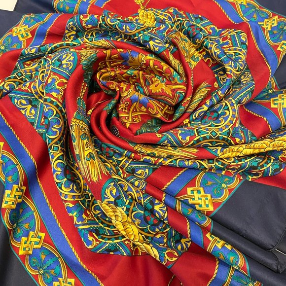 Square Scarf Mandala and Tassels Burgundy Navy Gold - Picture 1 of 5